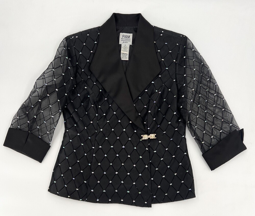 R&M Richards Jacket Womens 6 Petite Black 3/4 Sleeve Sheer Glitter Button